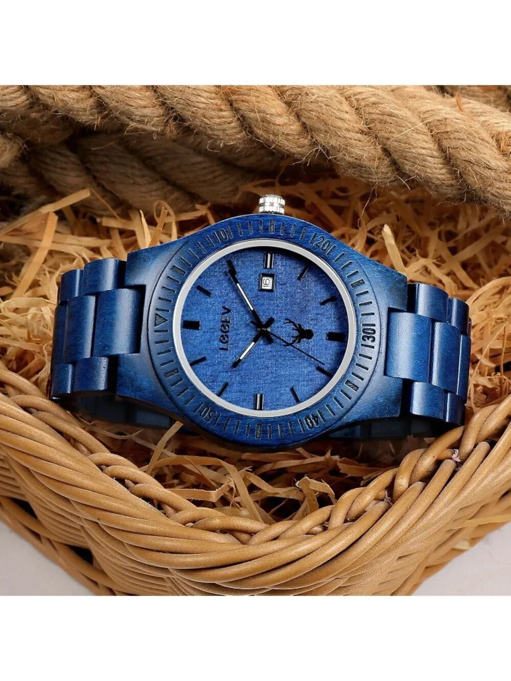 Men's Blue Sandalwood Japanese Quartz Analog Unisex Round Wrist Wooden Watch